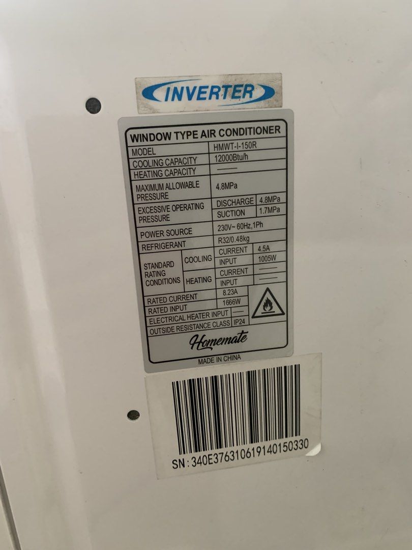 Homemate Window Type Air Conditioner HMWT-L-150R (Category: Air Conditioning and Heating) located in Manila. Submitted by cmco00 (Listing ID 1436726691, Image 2). Description: Newly cleaned!!! Homemate Window Type Air Conditioner 1.5HP INVERTER • Php 5.28 cost of operation per hour of use at 25 degrees Celsius • R32 Refrigerant DC INVERTER system • 12,660 kj/hr Cooling Capacity • With Remote and 24 hour Timer • Sleep Mode • 3 Fan Speeds • Energy 