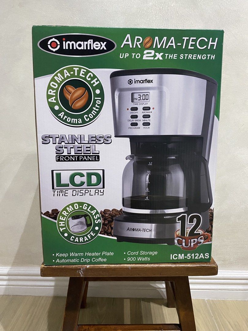 Imarflex Aroma-Tech Coffee Maker ICM-512AS (Category: Coffee Machines & Makers) located in Manila. Submitted by papupeeps (Listing ID 1436714444, Image 1). Description: Brew your favorite coffee with the Imarflex Aroma-Tech coffee maker. It features a stainless steel front panel, LCD time display, and a thermo-glass carafe. This 12-cup coffee maker includes a delay brew button, reusable filter, and a water level guide. It has a 1500cc capacity an