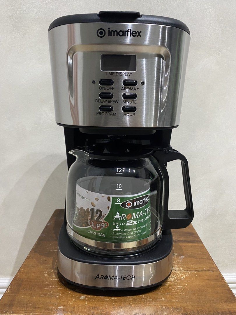 Imarflex Aroma-Tech Coffee Maker ICM-512AS (Category: Coffee Machines & Makers) located in Manila. Submitted by papupeeps (Listing ID 1436714444, Image 3). Description: Brew your favorite coffee with the Imarflex Aroma-Tech coffee maker. It features a stainless steel front panel, LCD time display, and a thermo-glass carafe. This 12-cup coffee maker includes a delay brew button, reusable filter, and a water level guide. It has a 1500cc capacity an