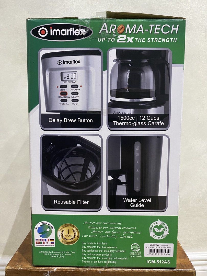 Imarflex Aroma-Tech Coffee Maker ICM-512AS (Category: Coffee Machines & Makers) located in Manila. Submitted by papupeeps (Listing ID 1436714444, Image 2). Description: Brew your favorite coffee with the Imarflex Aroma-Tech coffee maker. It features a stainless steel front panel, LCD time display, and a thermo-glass carafe. This 12-cup coffee maker includes a delay brew button, reusable filter, and a water level guide. It has a 1500cc capacity an