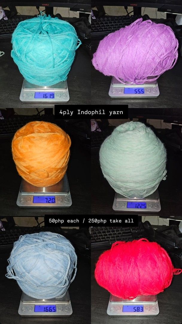 Indophil and Lily Cotton Yarn (Category: Craft Supplies & Tools) located in Muntinlupa City. Submitted by ortegaskye (Listing ID 1436824819, Image 1). Description: - Assorted yarn available! - 4ply Indophil Yarn: ₱50 each or ₱250 for all - Lily Cotton Yarn: ₱100 each or ₱550 for all - Colors: Teal, Purple, Orange, Mint Green, Light Blue, Red - Freebies included!.