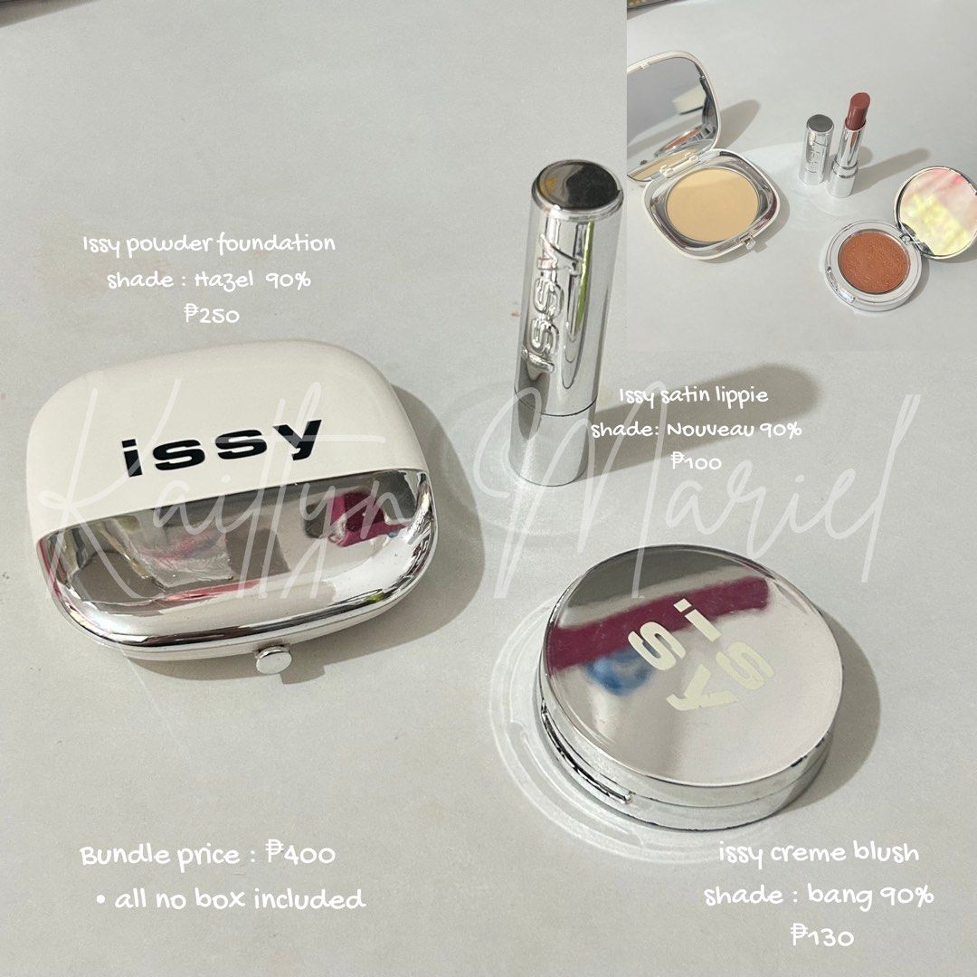 Issy Powder Foundation, Satin Lippie, Creme Blush Bundle (Category: Makeup) located in Quezon City. Submitted by closetncherries (Listing ID 1436803299, Image 1). Description: - Issy Makeup Bundle - Includes: - Powder Foundation in Hazel (90% remaining) - Satin Lippie in Nouveau (90% remaining) - Creme Blush in Bang (90% remaining) - Bundle Price: P400 - Items are without boxes. - Great deal for a complete Issy makeup set!.