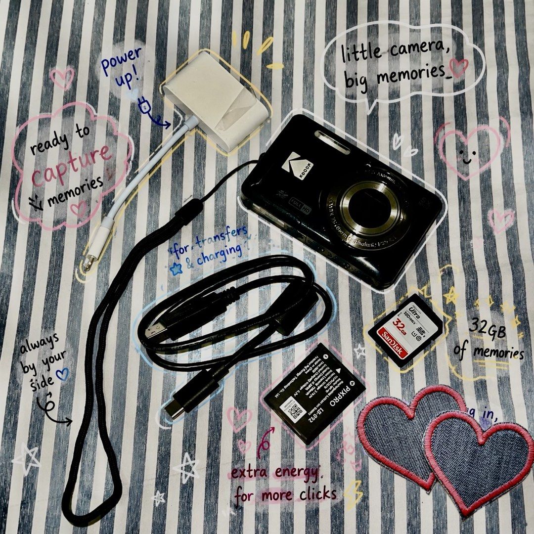 Kodak Pixpro FZ55 Digital Camera (Category: Cameras) located in Makati City. Submitted by CameraHubPH (Listing ID 1436670235, Image 1). Description: Kodak Pixpro FZ55 Digital Camera — Black 🖤📸 ₱6,499 ♡ Great condition ♡ No issues ♡ Perfect for beginners & digi cam girlies ✨ 📦 Inclusions: • Kodak Pixpro FZ55 digital camera • Wrist strap • USB charging/data cable • Type-C OTG/card reader adapter • Battery • 32GB SanDisk SD card • Cute stickers f