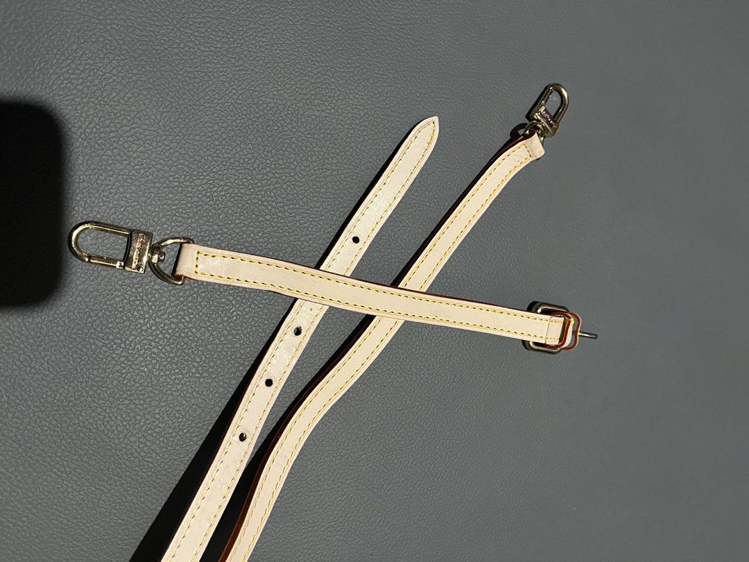 Louis Vuitton Bag Strap (Category: Luxury Bags & Wallets) located in General Santos City (Dadiangas). Submitted by thiftnibadi3 (Listing ID 1436786031, Image 3). Description: - Louis Vuitton bag strap set - Includes two straps: long and short - Cream-colored leather - Yellow stitching - Gold-tone hardware - Features the Louis Vuitton logo - Perfect for replacement or added versatility.
