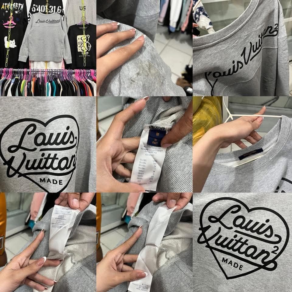 Louis Vuitton Heart Logo Sweatshirt (Category: Luxury Apparel) located in Caloocan City. Submitted by mckleinmck23117 (Listing ID 1436678696, Image 2). Description: - Gray Louis Vuitton sweatshirt - Size: M - Design: Heart-shaped Louis Vuitton logo - Style: Crew neck, long sleeves - Condition: Pre-owned - Flaw: Visible stain on front.