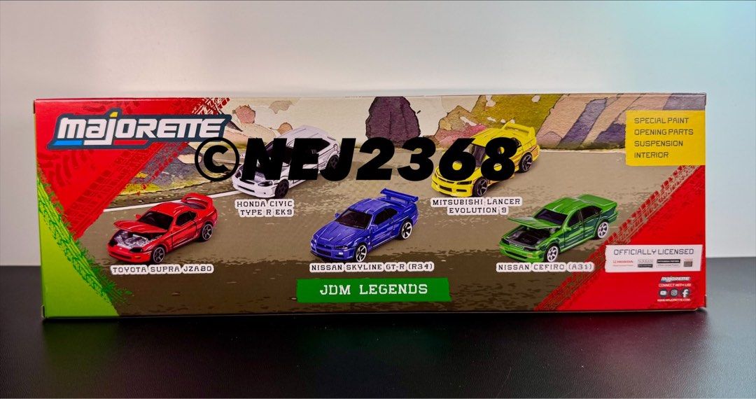 Majorette JDM Legends 5-pack Set (Category: Vehicle & Diecast Models) located in Quezon City. Submitted by nej2368 (Listing ID 1436177273, Image 2). Description: For sale: Majorette JDM Legends 5-pack Set Pack contains: - Honda Civic Type R EK9 - Mitsubishi Lancer Evolution 9 - Toyota Supra JZA80 - Nissan Skyline GR-R (R34) - Nissan Cefiro (A31) 1:64 scale Diecast with plastic parts Special Paint. Opening Parts. Suspension. With Interior. Officia