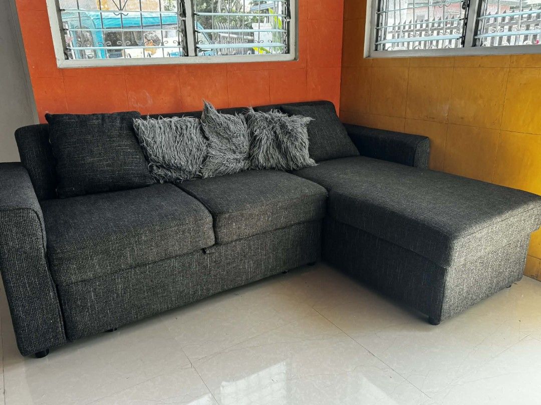 MANDAUE Chino L-Shape Sofa 3S w/ Chaise (right) (Category: Sofas) located in Manila. Submitted by tinywhoman (Listing ID 1436822820, Image 1). Description: MANDAUE Chino L-Shape Sofa 3S w/ Chaise (right) - Dark Gray ✅L-Shape design (space-saving & stylish) ✅Built-in pull-out bed (perfect for guests) ✅Thick cushions ✅More storage ✅Ideal for living room, condo, or small spaces.