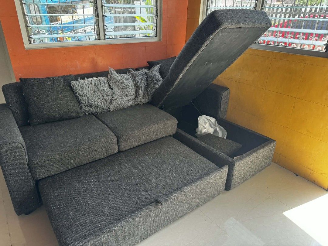 MANDAUE Chino L-Shape Sofa 3S w/ Chaise (right) (Category: Sofas) located in Manila. Submitted by tinywhoman (Listing ID 1436822820, Image 3). Description: MANDAUE Chino L-Shape Sofa 3S w/ Chaise (right) - Dark Gray ✅L-Shape design (space-saving & stylish) ✅Built-in pull-out bed (perfect for guests) ✅Thick cushions ✅More storage ✅Ideal for living room, condo, or small spaces.
