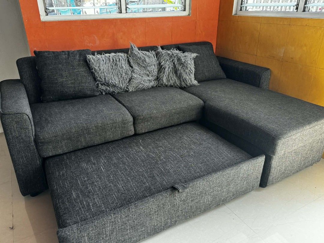 MANDAUE Chino L-Shape Sofa 3S w/ Chaise (right) (Category: Sofas) located in Manila. Submitted by tinywhoman (Listing ID 1436822820, Image 2). Description: MANDAUE Chino L-Shape Sofa 3S w/ Chaise (right) - Dark Gray ✅L-Shape design (space-saving & stylish) ✅Built-in pull-out bed (perfect for guests) ✅Thick cushions ✅More storage ✅Ideal for living room, condo, or small spaces.