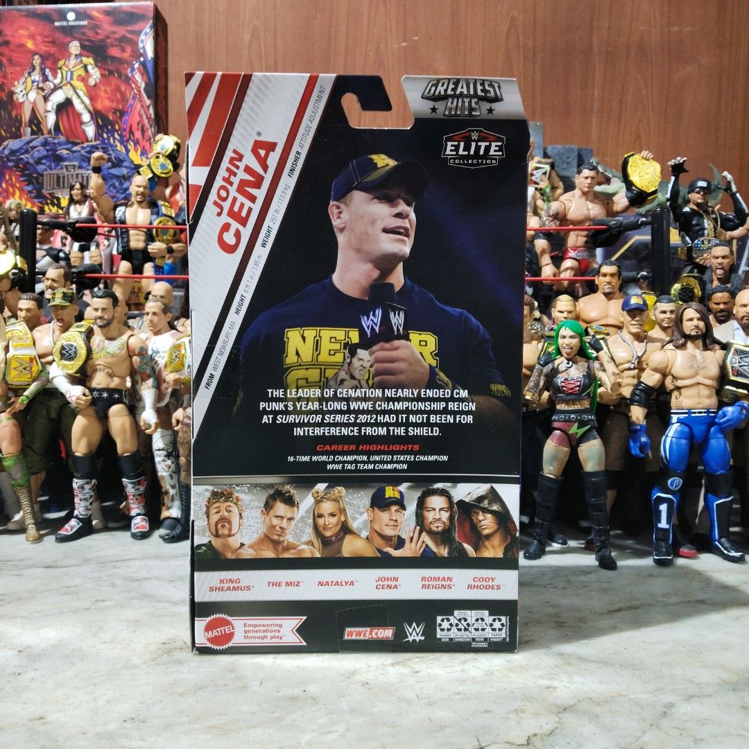 Mattel WWE Elite John Cena Greatest Hits sealed (Category: Toys & Games) located in Quezon City. Submitted by kennethumali (Listing ID 1436686706, Image 3). Description: 3100 John Cena Greatest Hits Sealed Box not mint Gcash / bdo / bpi No long reservations Buyer books courier Pickup Anonas QC Parañaque or GH by sched No COP .