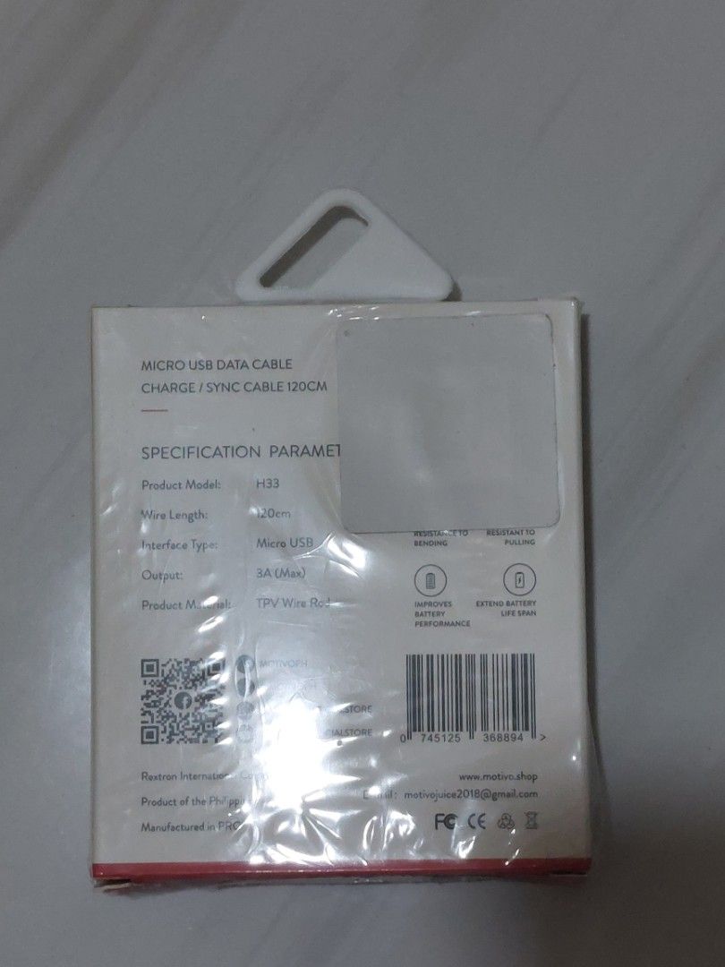 Motivo H33 Micro USB Data Cable (Category: Cables & Adaptors) located in Malaybalay. Submitted by mags_sofia (Listing ID 1436762899, Image 2). Description: - Motivo H33 Micro USB Cable - 120cm Length - Fast Charging: 3A Output - Durable TPU Wire Rod.