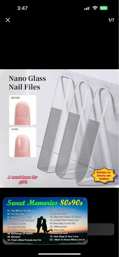 Nano Glass Nail Files (Category: Hands & Nails) located in Manila. Submitted by salmongirl88 (Listing ID 1436729628, Image 1). Description: - Achieve smooth, shiny nails in minutes! - Easy to clean and reusable. - Works like nail polish, but better! - Safe for infants, toddlers, and girls of all ages. - A must-have for your nail care routine!.