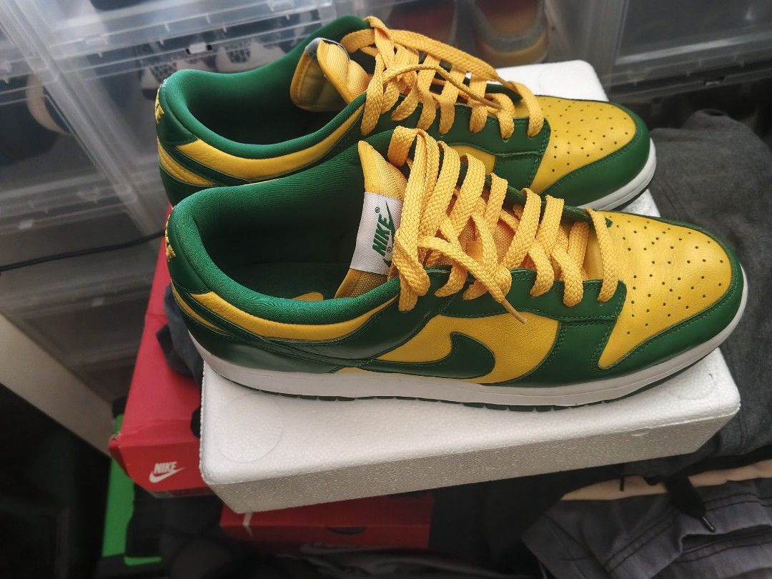 Nike Dunk Low REVERSE BRAZIL (Category: Sneakers) located in Bacoor. Submitted by nmcave (Listing ID 1436654537, Image 2). Description: - Nike Dunk Low - Green and yellow colorway - Leather upper - White midsole - Green outsole - Yellow laces - Nike logo visible.