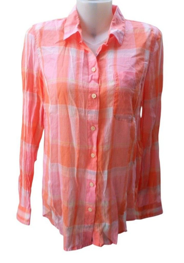 Old Navy Classic Plaid Shirt - Small (Category: Coats, Jackets and Outerwear) located in Lamut. Submitted by sakosack (Listing ID 1436783740, Image 1). Description: - Old Navy Classic Shirt - Size: Small - Color: Orange and pink plaid - Features: Long sleeves, button-down front, classic collar, single chest pocket - Fabric: Lightweight, suitable for warm weather - Made in Cambodia.