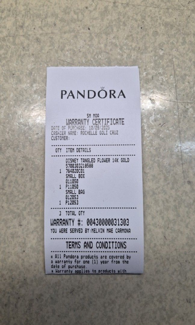 Pandora Tangled Flower glow in the dark (Category: Charms) located in Manila. Submitted by john.david.co (Listing ID 1436701027, Image 3). Description: Pandora Tangled Flower glow in the dark Never used, comes with original box, paper bag, and warranty certificate Bought in MOA branch October 2025.