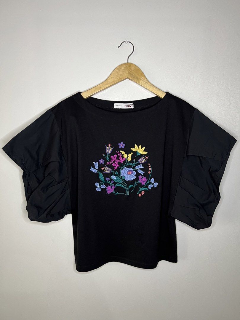 Pinky Floral Embroidered Black Top (Category: Shirts) located in Quezon City. Submitted by pcera (Listing ID 1436784989, Image 1). Description: - Brand: Pinky - Black top with floral embroidery - Short sleeves with pleated design - Round neckline - Plain black back - Stylish and unique.