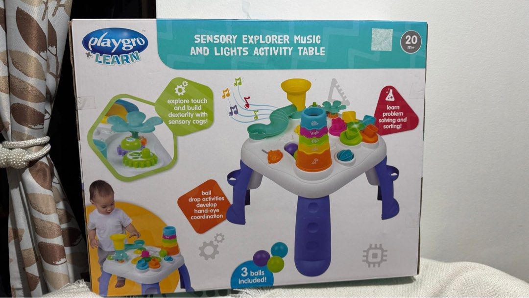 Playgro Learn Sensory Explorer Music and Lights Activity Table (Category: Infant Playtime) located in San Pedro. Submitted by nookiepatootie (Listing ID 1436792697, Image 3). Description: Lightly used. Sold with box. Original Price: Php 3,299 Selling Price: Php 1,500.