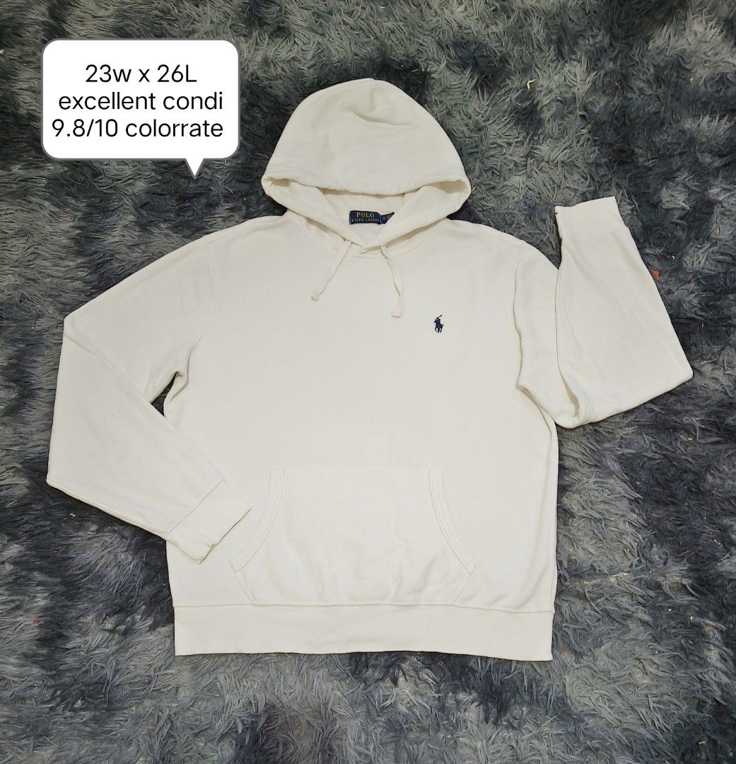 Polo Ralph Lauren Hoodie (Category: Coats, Jackets and Outerwear) located in Manila. Submitted by purefire-477a (Listing ID 1436657048, Image 1). Description: - Cream-colored Polo Ralph Lauren hoodie - Size: M - Features the iconic Polo logo - Drawstring hood - Front pocket - Ribbed cuffs and hem - Made in Guatemala.