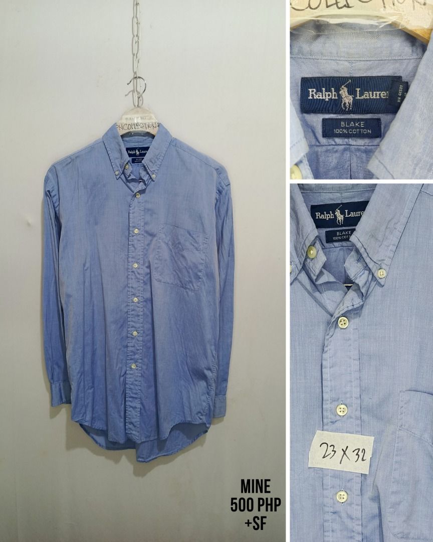 Ralph Lauren Blake 100% Cotton Shirt (Category: Tshirts & Polo Shirts ) located in Balamban. Submitted by pncollectionph (Listing ID 1436754239, Image 1). Description: - Ralph Lauren button-down shirt - Light blue color - Blake style - Made of 100% cotton - Button-down collar - Chest pocket - Size: 23x32 - Perfect for casual and smart-casual outfits.
