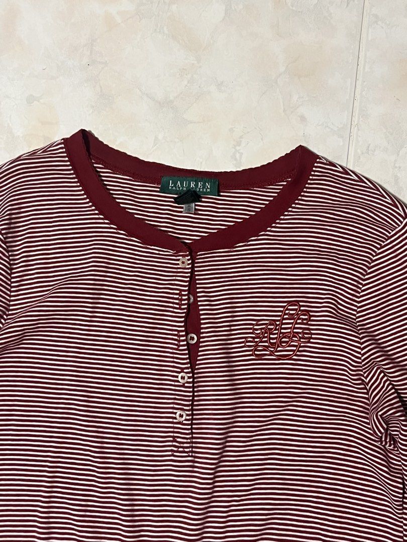 Ralph Lauren Striped Sleep Dress (Category: Dresses) located in Iloilo. Submitted by 888collector (Listing ID 1436765157, Image 1). Description: - Lauren Ralph Lauren sleep dress - Striped pattern - Henley neckline - Long sleeves - Button-down front - Embroidered Lauren Ralph Lauren logo - Burgundy and white color scheme - Soft, comfortable material.