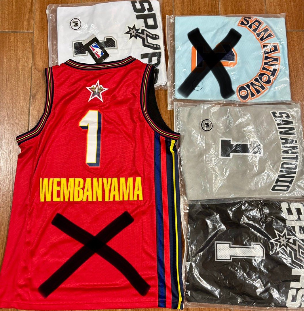 San Antonio Spurs Jersey - Victor Wembanyama (Category: Activewear) located in Singapore. Submitted by nbajerseysg_cheapest (Listing ID 1435604086, Image 1). Description: - Brand new San Antonio Spurs jersey. - Featuring Victor Wembanyama. - Available in multiple colors. - Available in various sizes. - Jersey is brand new and in original packaging. - Please refer to the size guide in the images for measurements. (Small) All star Red -SOLD (Medium