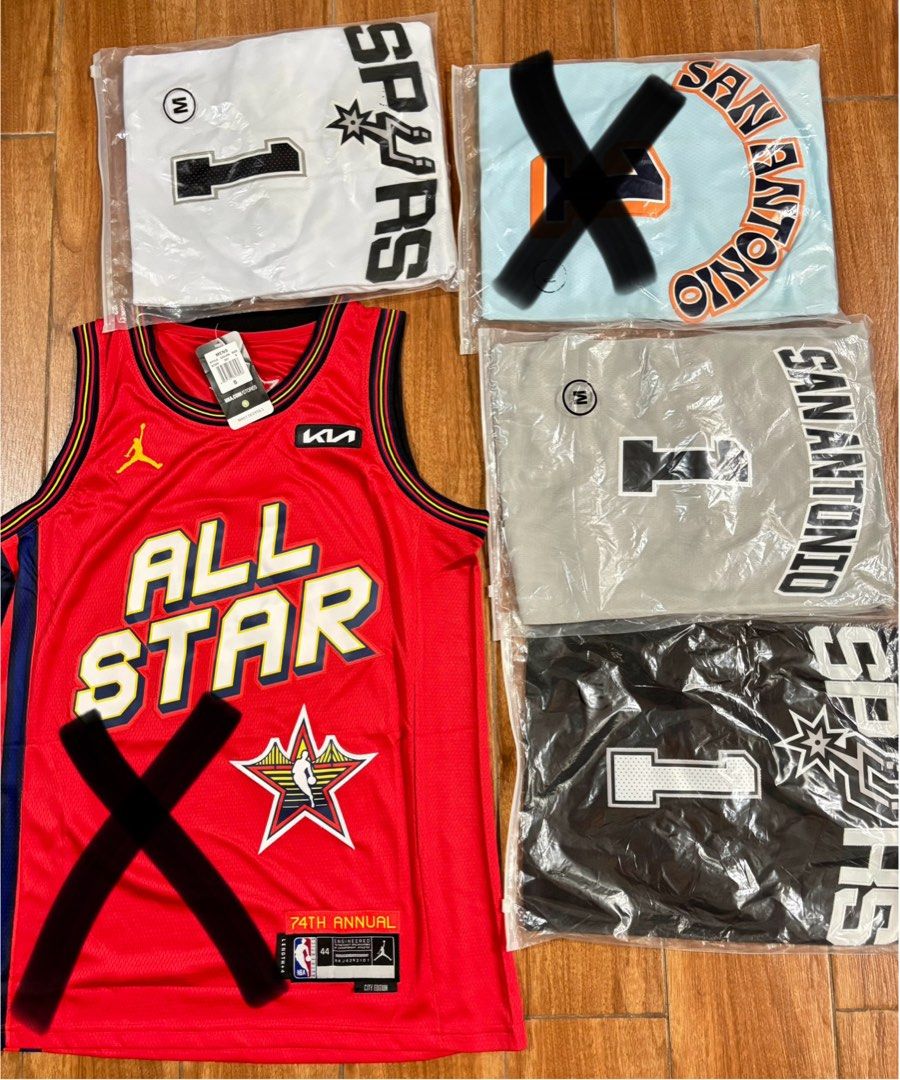 San Antonio Spurs Jersey - Victor Wembanyama (Category: Activewear) located in Singapore. Submitted by nbajerseysg_cheapest (Listing ID 1435604086, Image 2). Description: - Brand new San Antonio Spurs jersey. - Featuring Victor Wembanyama. - Available in multiple colors. - Available in various sizes. - Jersey is brand new and in original packaging. - Please refer to the size guide in the images for measurements. (Small) All star Red -SOLD (Medium