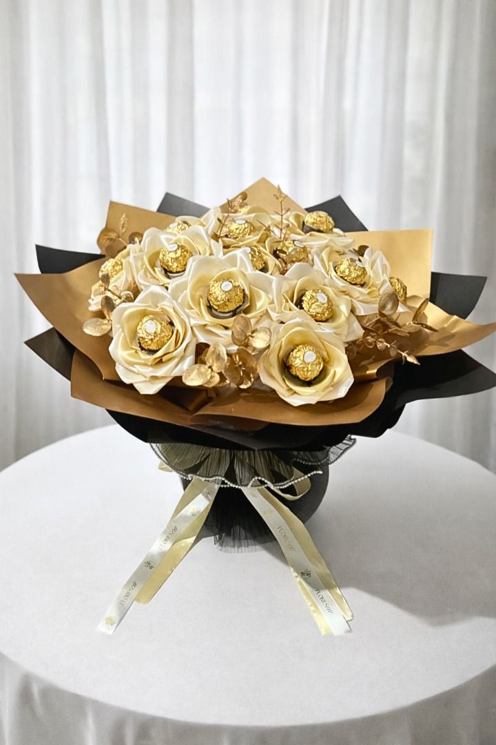 Satin Ribbon Bouquet with Ferrero (Category: Flowers & Bouquets) located in Valenzuela. Submitted by acelpz (Listing ID 1436804486, Image 1). Description: - Available in 8, 12, 16 and 24pcs Ferrero - Includes Free Bouquet hand bag and Note card - Requires 50% downpayment to secure slot - Same day delivery available - Delivery via Grab or Lalamove Visit our page: @Floresca by CA.