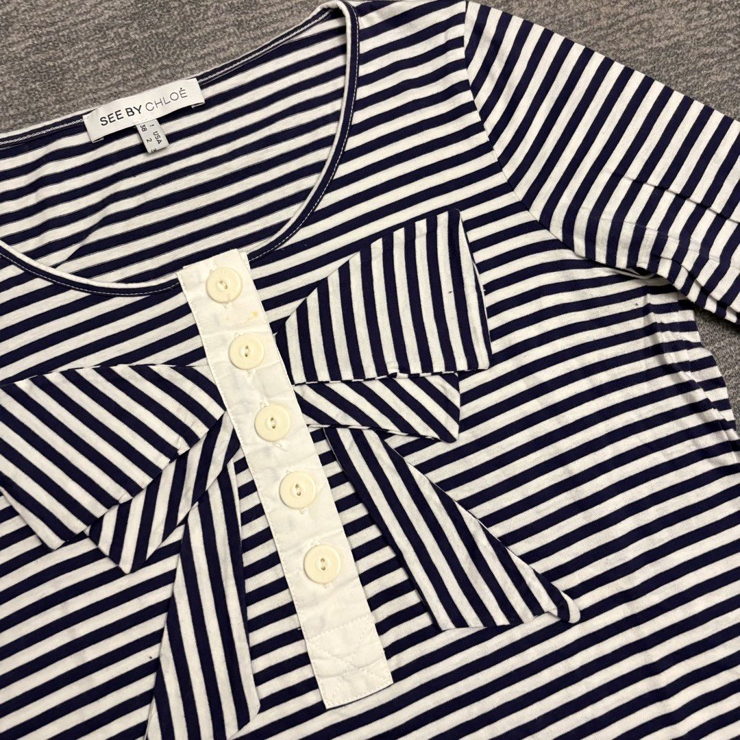 See By Chloe Breton Striped Garments (Category: Longsleeves) located in Batangas. Submitted by bermudaph.2 (Listing ID 1436651278, Image 2). Description: The item in the image is a See By Chloé Breton striped garment, specifically identified as either a short-sleeve shift dress or a seven-quarter sleeve T-shirt depending on the specific model variation..