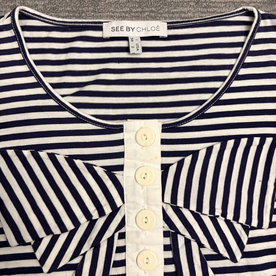 See By Chloe Breton Striped Garments (Category: Longsleeves) located in Batangas. Submitted by bermudaph.2 (Listing ID 1436651278, Image 3). Description: The item in the image is a See By Chloé Breton striped garment, specifically identified as either a short-sleeve shift dress or a seven-quarter sleeve T-shirt depending on the specific model variation..