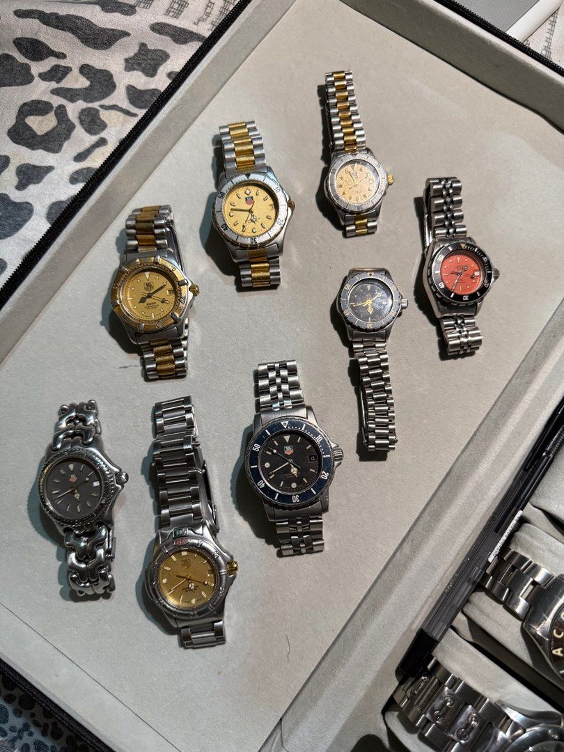 Tag Heuer Watches Collection (Category: Luxury Watches) located in Bulacan. Submitted by rc_retailing (Listing ID 1436746320, Image 1). Description: - Tag Heuer watch collection - Diverse models available - Features various dial colors and band styles - Includes gold-tone accents on some watches - Available for both men and women - All watches have metal bracelets - Some watches include a date display.