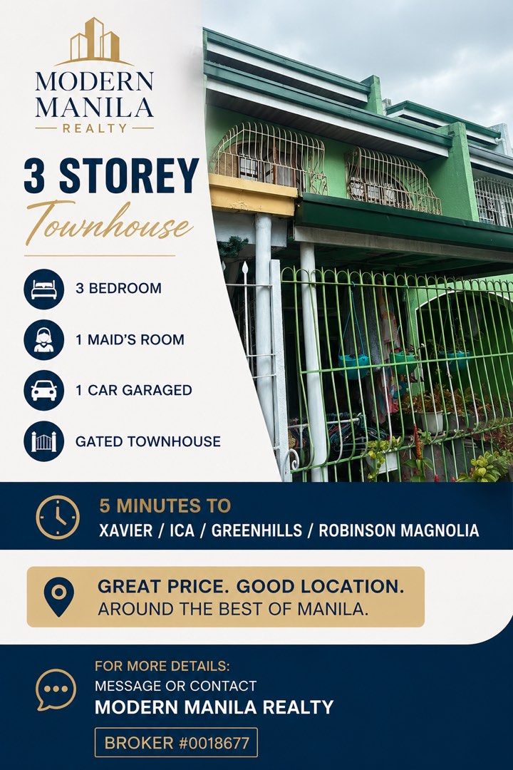 Townhouse New Manila & Greenhills Area (Category: Community) located in Quezon City. Submitted by theoddyeti (Listing ID 1436726597, Image 1). Description: New Listing Alert 🏡✨ 3 Storey Townhouse in a prime location! Perfect for families looking for accessibility, comfort & value. ✔️ 3 Bedrooms ✔️ 1 Maid’s Room ✔️ 1 Car Garage ✔️ Gated Townhouse 📍 Only 5 minutes away from: Xavier School / ICA / Greenhills / Robinsons Magnolia Great price. Good 