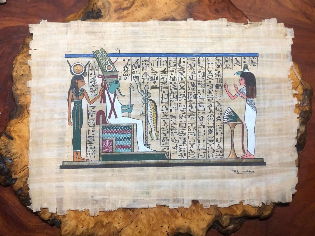 Vintage Egyptian Papyrus Paintings (Category: Art & Prints) located in Davao. Submitted by antiquesandvintagestuffsPH (Listing ID 1436723184, Image 2). Description: Signed Sizes in pic order King Tutankhamun 14" x 10.5" Book of the dead Osiris 10" x 14" Bird hunt 9" x 14" King Tut throne 16.5" x 12" Thoth and Horus Blessing Ramses II With Eternal Life 16.5" x 13" .