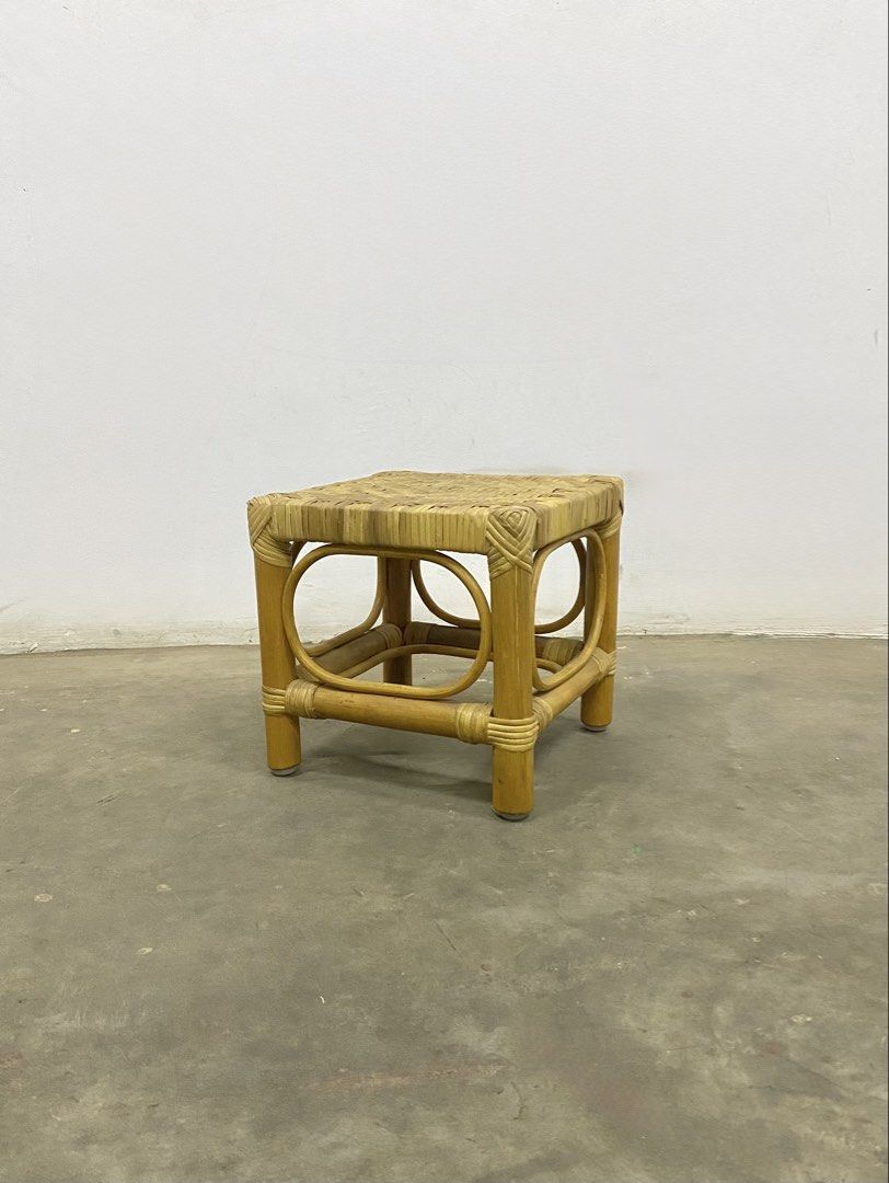Vintage Rattan Stool (Category: Chairs) located in Santa Rosa. Submitted by annie_annie83 (Listing ID 1436729012, Image 2). Description: - Vintage rattan stool - Square top with woven design - Bamboo frame with rounded edges - Sturdy construction - Perfect as a side table or footrest - Ideal for living room or bedroom.