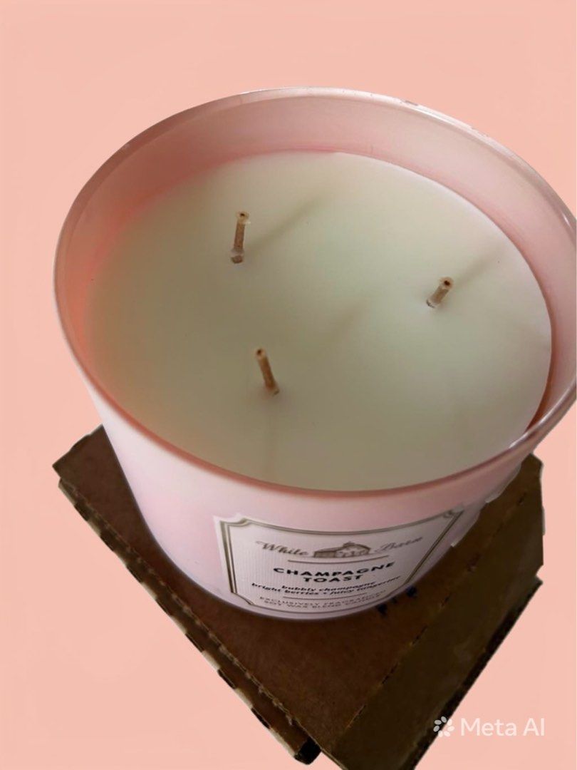 White Barn Champagne Toast 3-Wick Candle (Category: Home Fragrance) located in Antipolo. Submitted by cl026 (Listing ID 1436663607, Image 3). Description: - White Barn Champagne Toast 3-wick candle - Scent: Bubbly champagne, bright berries, and juicy tangerine - Comes in a pink container with a gold lid - Brand new, in original box.