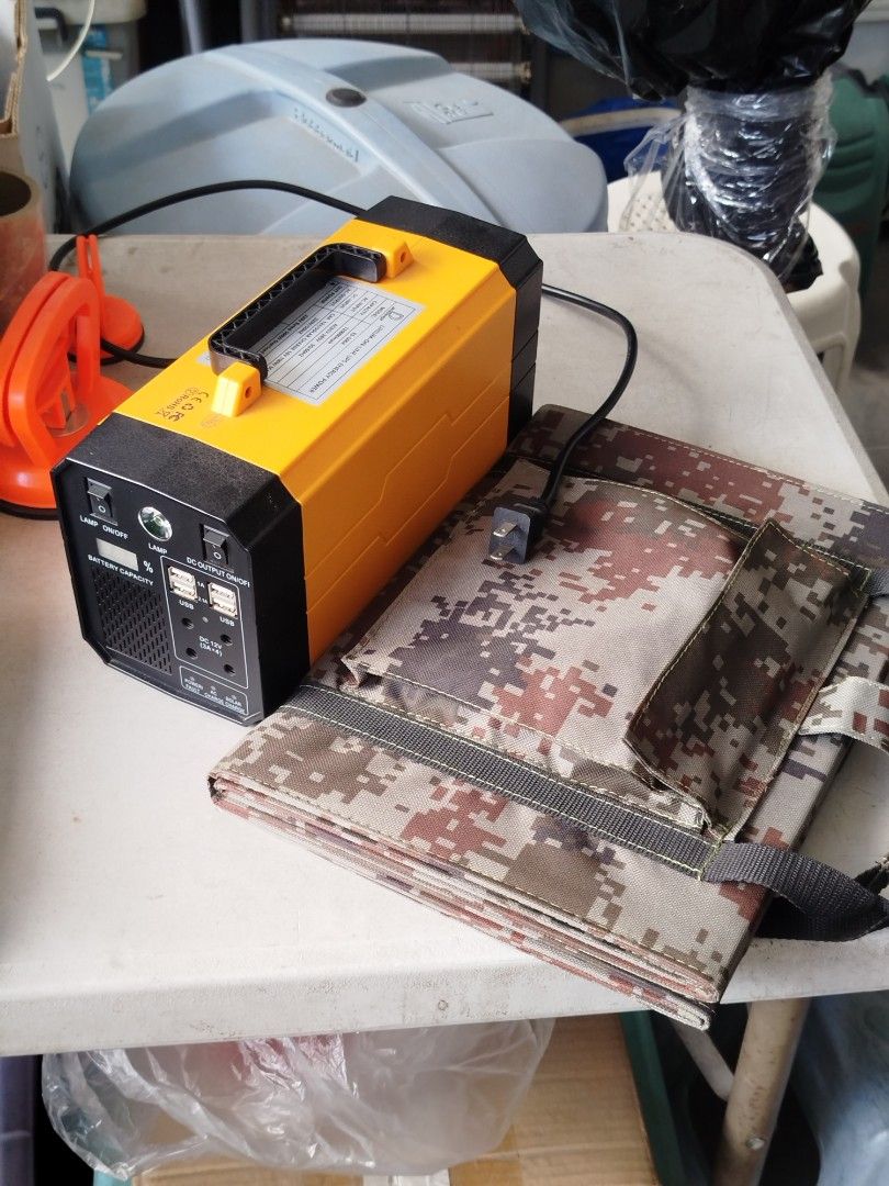 500W Portable power station + 80W portable solar panel (Category: Electrical, Adaptors & Sockets) located in Antipolo. Submitted by swiftbird_acaae2 (Listing ID 1436887355, Image 1). Description: Es500A power station: -445wh/ 120000mAh -500w capacity with UPS -solar input charge: 18v 100W -ac input charge: 220-240v -battery lithium 120000mAh -waveform: pure sine wave Solar panel: -waterproof/ 80 watts/ 6 pcs solar polycrystalline -usb out: 2.1a -