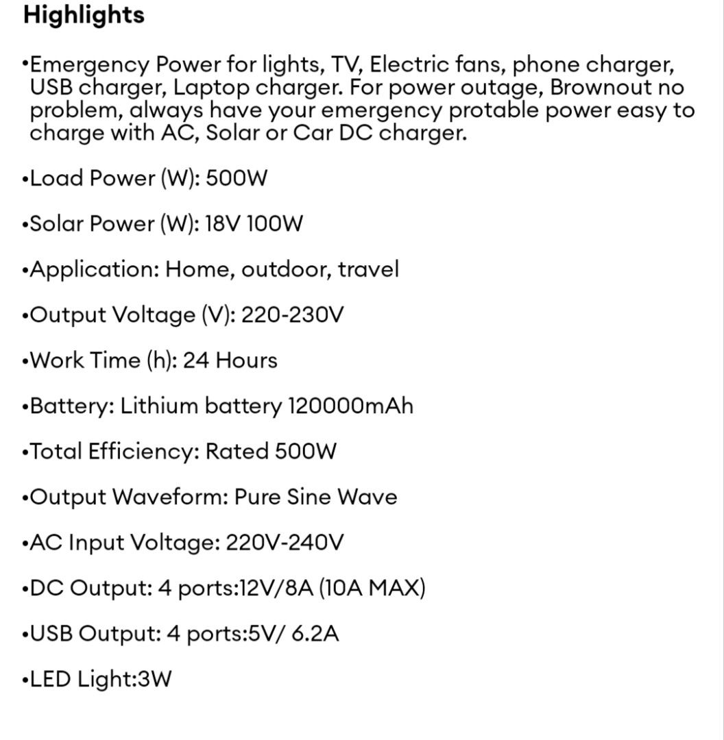 500W Portable power station + 80W portable solar panel (Category: Electrical, Adaptors & Sockets) located in Antipolo. Submitted by swiftbird_acaae2 (Listing ID 1436887355, Image 2). Description: Es500A power station: -445wh/ 120000mAh -500w capacity with UPS -solar input charge: 18v 100W -ac input charge: 220-240v -battery lithium 120000mAh -waveform: pure sine wave Solar panel: -waterproof/ 80 watts/ 6 pcs solar polycrystalline -usb out: 2.1a -