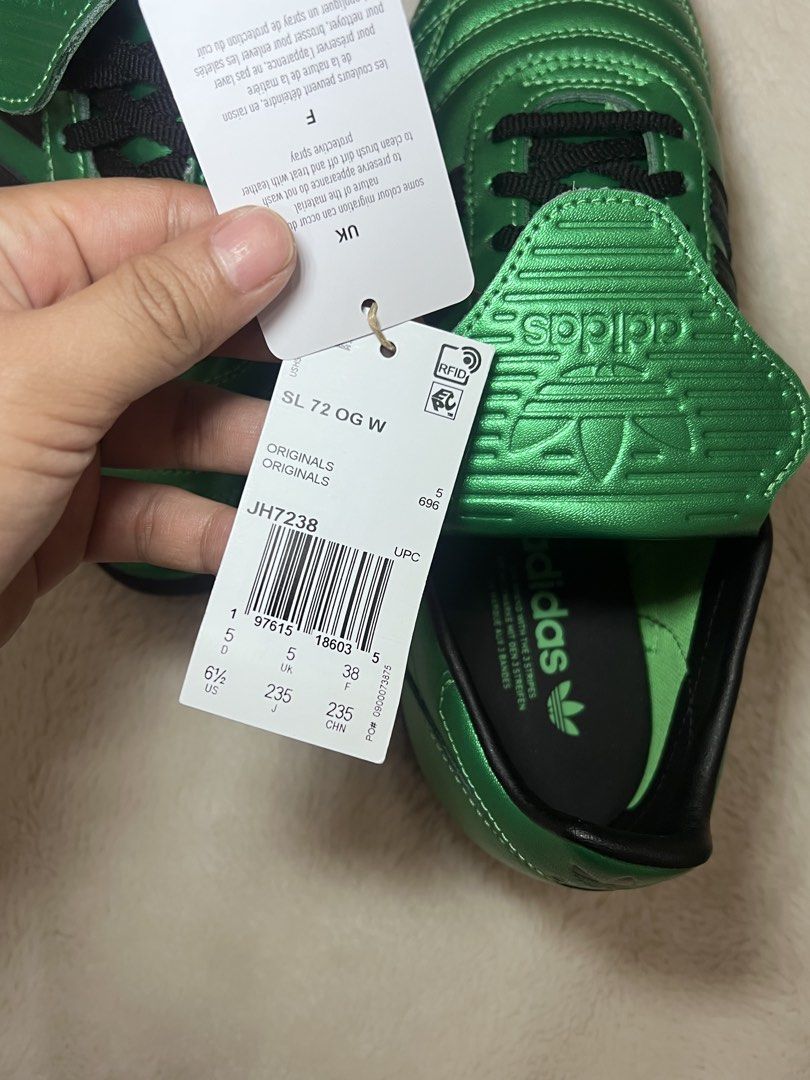 Adidas SL 72 OG W Green (Category: Sneakers) located in Dagupan City. Submitted by jcbth (Listing ID 1436973258, Image 2). Description: - Adidas SL 72 OG W - Color: Green - Features black stripes and laces - Size: US 6.5, UK 5, EUR 38 - Includes original tags - Made in Cambodia.