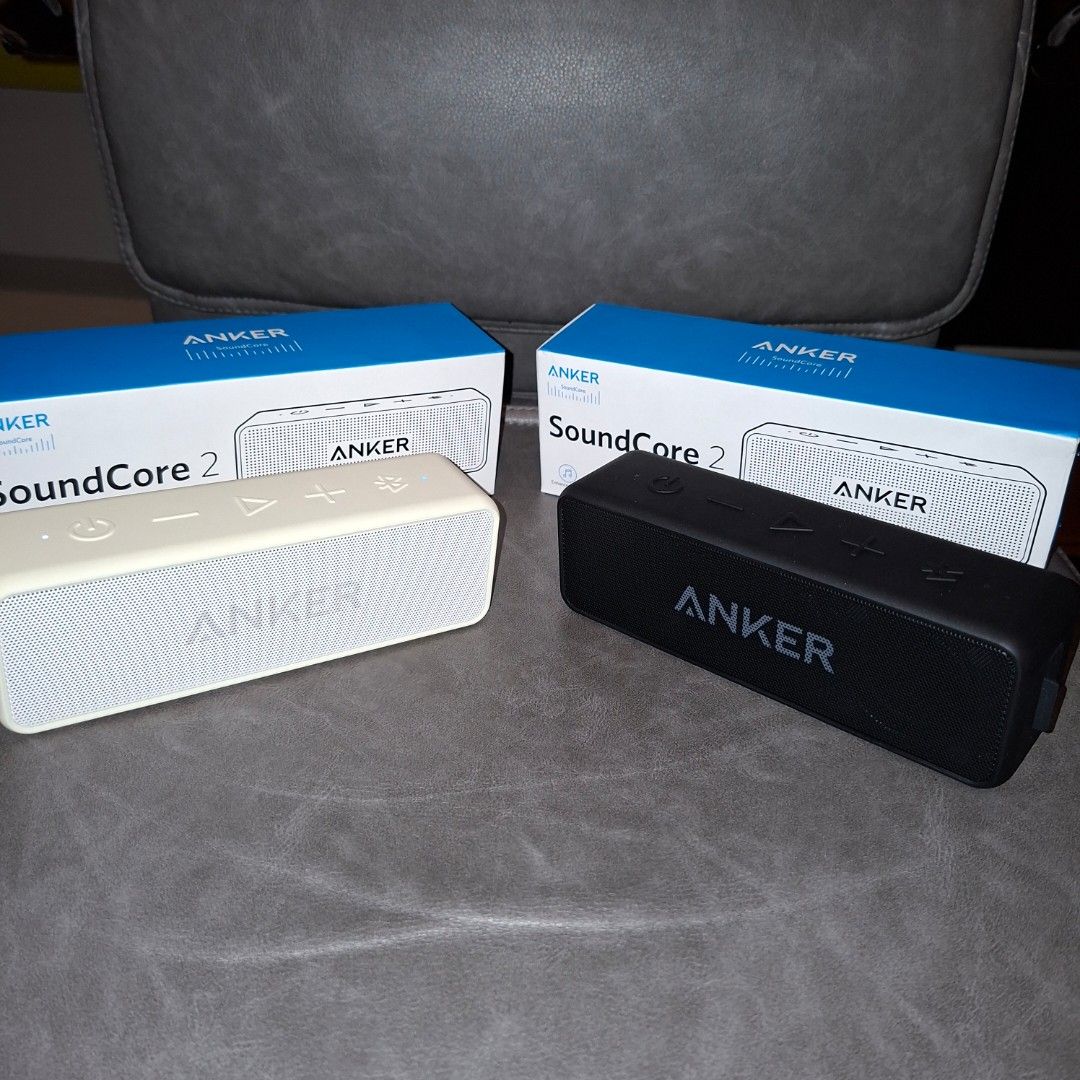 Anker SoundCore 2 Bluetooth Speaker (Category: Soundbars, Speakers & Amplifiers) located in Pasig City. Submitted by fast-ship (Listing ID 1436954525, Image 1). Description: - Anker SoundCore 2 Bluetooth speaker - Available colors: Black and White - Features volume control buttons - Compact and portable design - Anker and SoundCore 2 branding present.