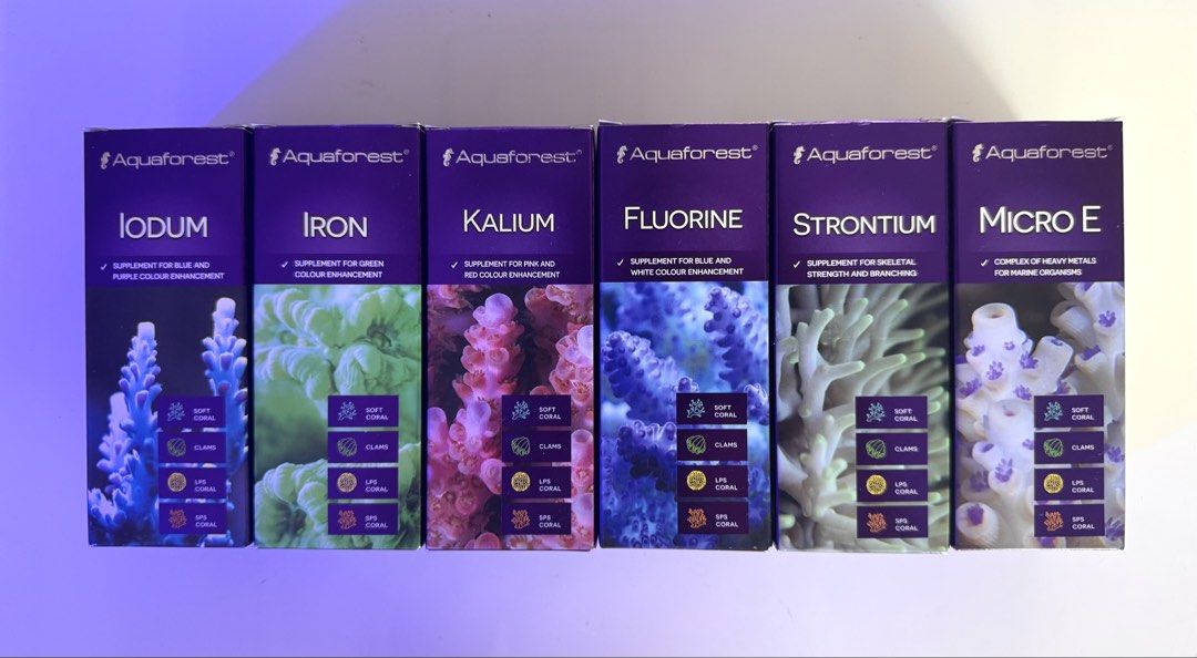 Aquaforest Trace Elements (Category: Homes & Other Pet Accessories) located in Singapore. Submitted by aquaphilic (Listing ID 1436895256, Image 1). Description: Enhance your marine aquarium with Aquaforest supplements! This listing includes IODUM (blue/purple), IRON (green), KALIUM (pink/red), FLUORINE (blue/white), STRONTIUM (skeletal strength), and MICRO E (heavy metals). Perfect for soft, LPS, and SPS corals. All new and sealed. $32 per bottle