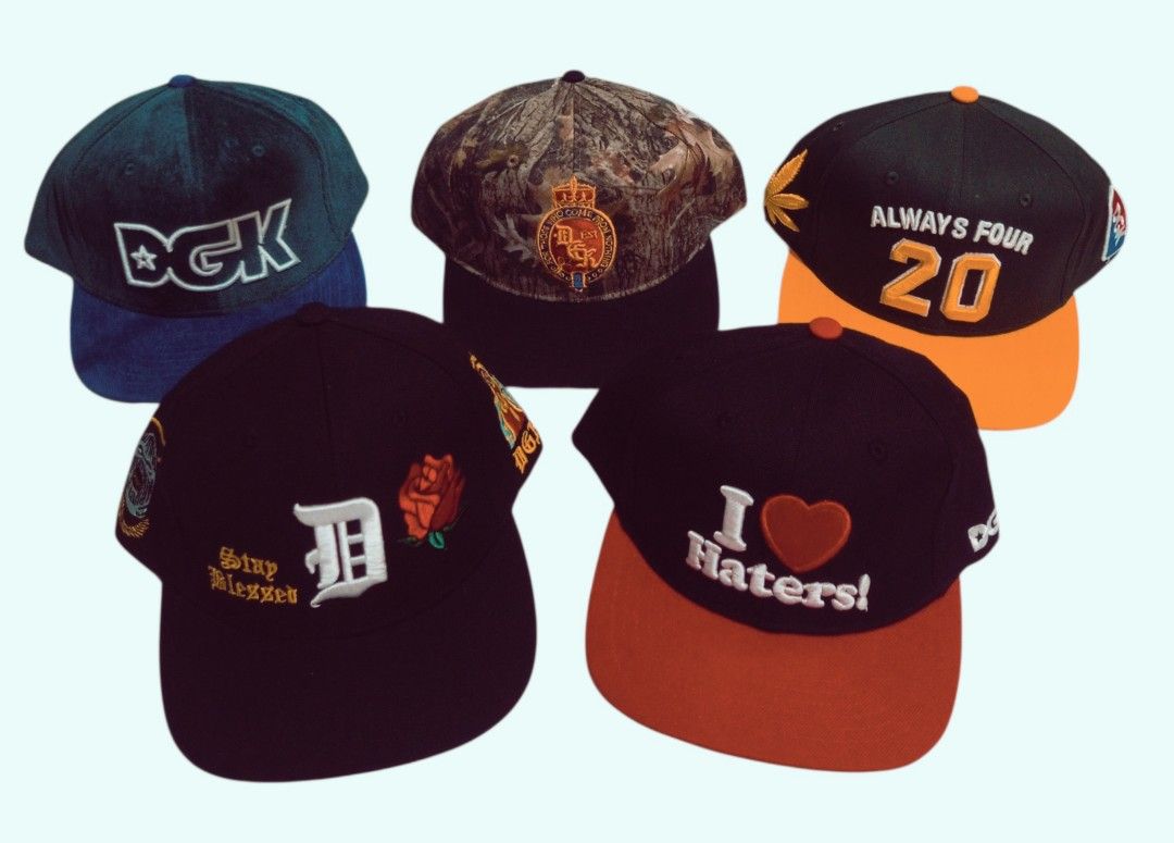 Assorted Caps (Category: Caps & Hats) located in Las Pinas. Submitted by rzzr_thrift25 (Listing ID 1437014266, Image 1). Description: Collection of assorted caps featuring various designs and brands. Includes caps from DGK, DC Shoes, New Balance, and more. Styles vary from snapbacks to trucker hats. Colors include black, green, brown, and camouflage patterns. Some caps have embroidered logos and text..