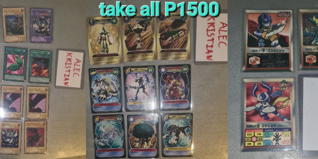 Assorted Vintagw Cards Yu-Gi-Oh! Digimon Medabots (Category: Raw Singles) located in San Pedro. Submitted by alecRM (Listing ID 1436912009, Image 1). Description: For Sale: Yu-Gi-Oh! Japanese Vintage 16 cards Phantom God set HP-MP condition 9750 yen value Digimon TCG English Vintage 9 cards From Digimon D-tector (2003 set) Condition: DAMAGED Medabots Vintage collectible cards (from 1997 Takara Tomy mini figure) 3 Cards Condiotion: Damaged Payment