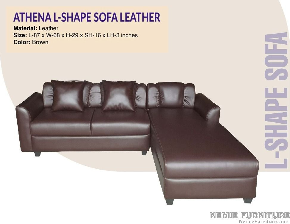 Athena L-Shape Leather Sofa (Category: Sofas) located in Quezon City. Submitted by nemiefurniture (Listing ID 1436887399, Image 1). Description: Athena L-Shape sofa is made of leather and comes in a brown color. It features an L-shape design for comfortable seating. The dimensions are L-87 x W-68 x H-29 inches, with a seat height of 16 inches and a leg height of 3 inches. Perfect for living rooms or lounges. https://nemiefurniture.com Prices nego