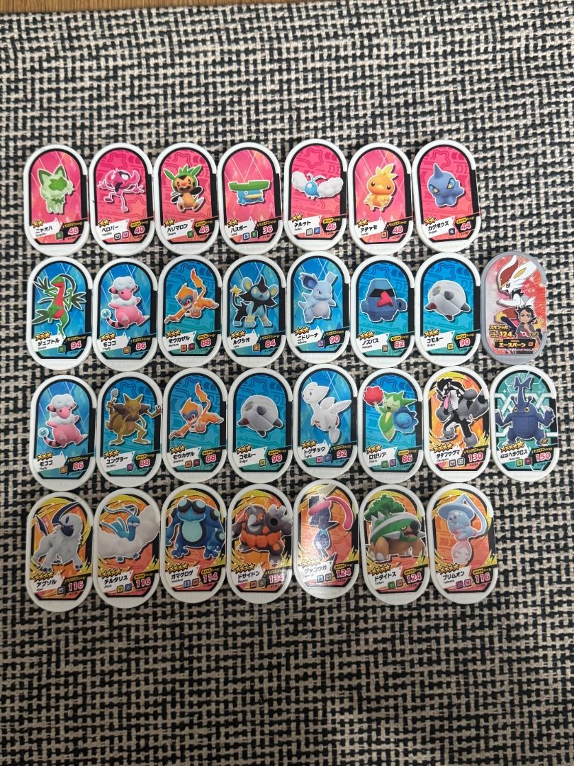 Authentic Japanese Pokemon Mezastar Star Tags (Category: In-Game Products) located in Quezon City. Submitted by crowsin (Listing ID 1436848801, Image 3). Description: Selling assorted Japanese Mezastar chips in good condition! Perfect for collectors and players 👀 ⭐ 2 Star – ₱10 ⭐⭐⭐ 3 Star – ₱20 ⭐⭐⭐⭐ 4 Star – ₱25–30 ✨ Special Chips: 🔥 Cinderace (Special/Silver) – ₱50 🪲 Heracross (5-Star/Purple) – ₱40 TAKE ALL: ₱600 📍Can send pics/videos 💬 PM 