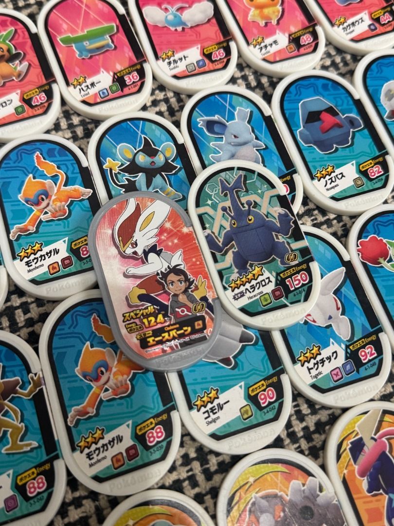 Authentic Japanese Pokemon Mezastar Star Tags (Category: In-Game Products) located in Quezon City. Submitted by crowsin (Listing ID 1436848801, Image 2). Description: Selling assorted Japanese Mezastar chips in good condition! Perfect for collectors and players 👀 ⭐ 2 Star – ₱10 ⭐⭐⭐ 3 Star – ₱20 ⭐⭐⭐⭐ 4 Star – ₱25–30 ✨ Special Chips: 🔥 Cinderace (Special/Silver) – ₱50 🪲 Heracross (5-Star/Purple) – ₱40 TAKE ALL: ₱600 📍Can send pics/videos 💬 PM 