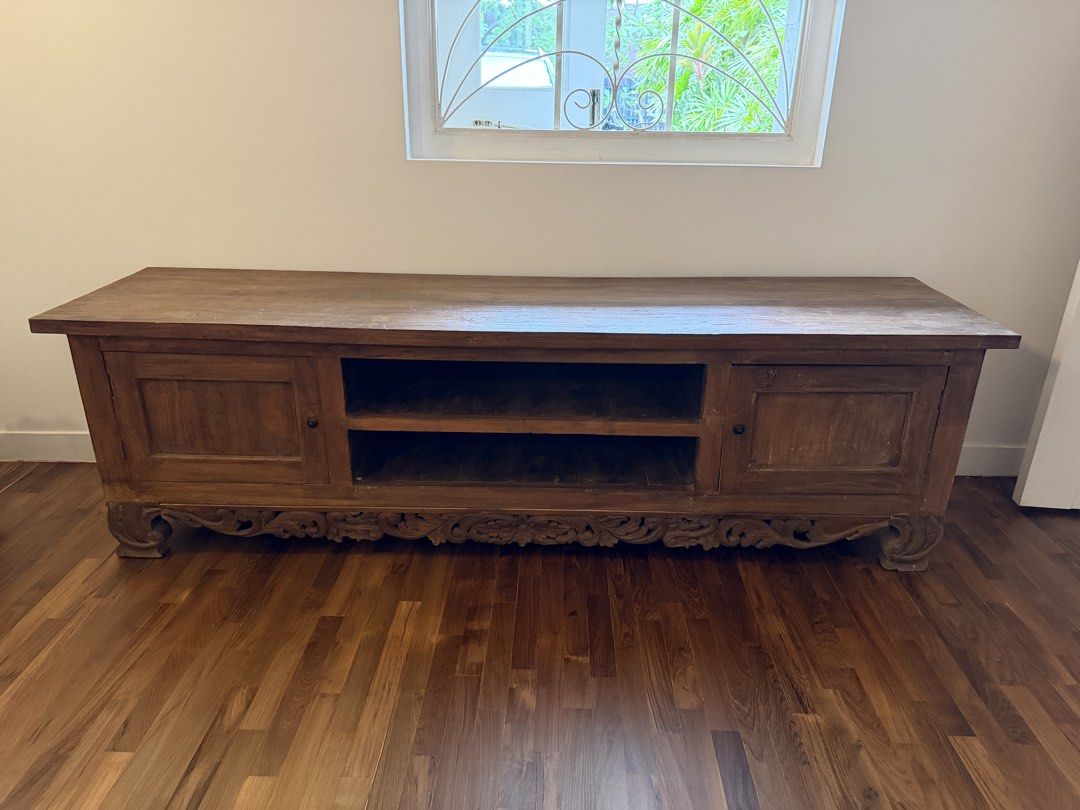 Beautiful wood TV console with carved details, Furniture & Home Living ...