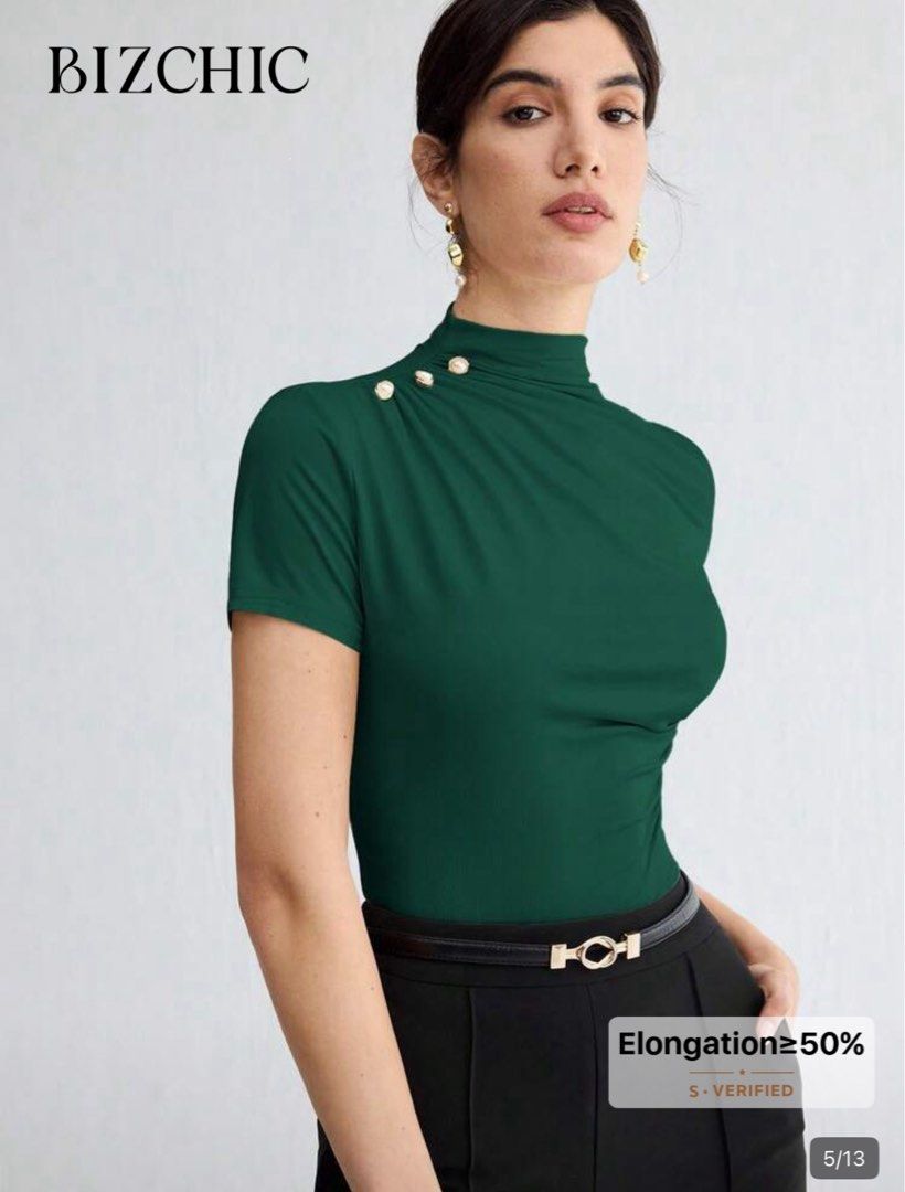 Bizchic Green Top with Button Detail (Category: Blouses) located in Manila. Submitted by naomis_room (Listing ID 1436962270, Image 2). Description: - Bizchic green top, Mock neck - Stylish draped side detail - Decorative buttons on shoulder - Stretchy, comfortable material - Suitable for casual and formal wear - FITS S .