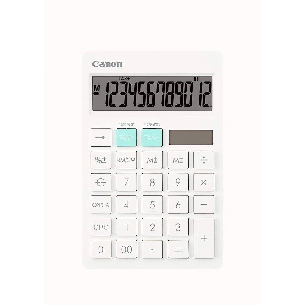 Canon Calculator (Category: Office & Business Technology) located in Manila. Submitted by decluterthings888 (Listing ID 1437016847, Image 2). Description: - White Canon calculator - 12-digit display - Tax calculation buttons - Standard arithmetic functions - Sleek white design with light blue accents - Brand new, in original packaging.