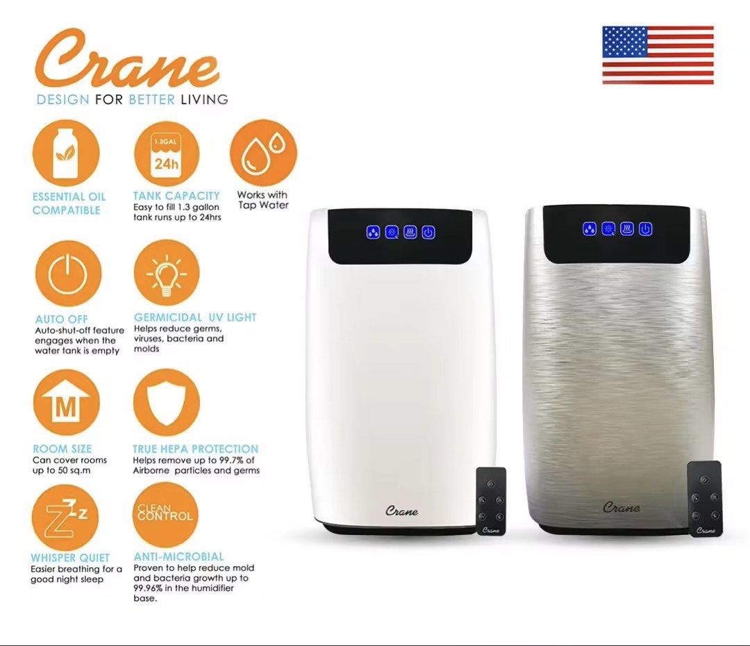 Crane 4-in-1 True HEPA Humidifier (Category: Air Purifiers & Dehumidifiers) located in Manila. Submitted by daismurous29294 (Listing ID 1436871696, Image 3). Description: This appliance appears to be a Crane 4-in-1 True HEPA Humidifier. It offers both cool and warm mist options to help relieve congestion and skin dryness. The unit includes a UV light function designed to reduce airborne bacteria and mold spores. It features a True HEPA filter to 