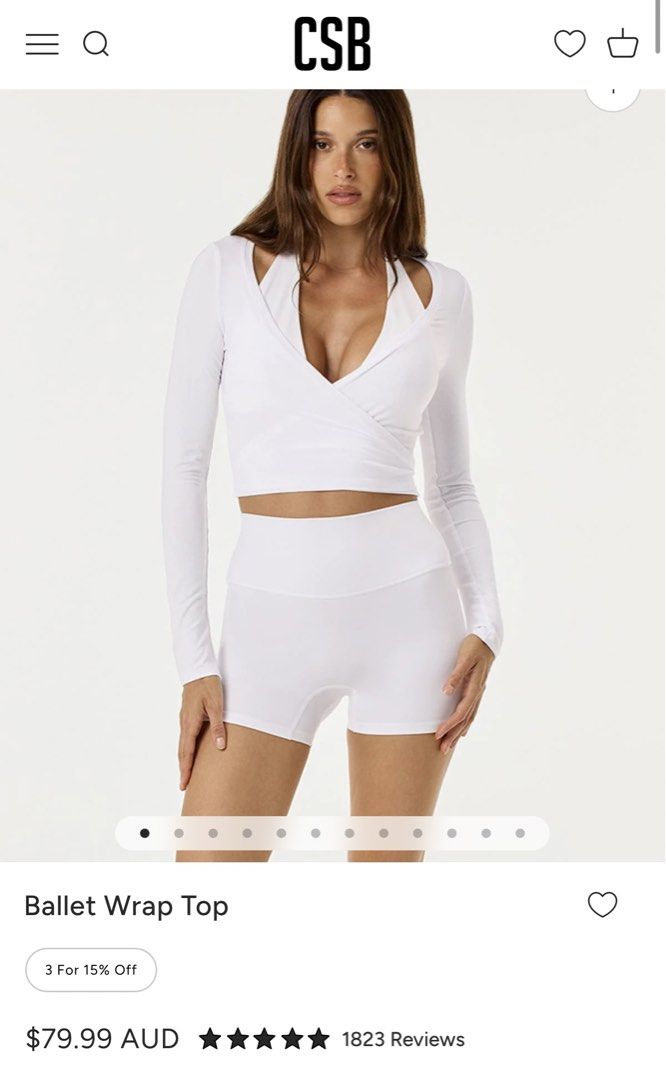 CSB White Ballet Wrap Top | Size S |BRANDNEW (Category: Activewear) located in Manila. Submitted by everythingbrandedpreloved_ (Listing ID 1436878153, Image 1). Description: Brand: CSB (AUS) Condition: Brandnew without tags (washed, no inclusions) Size: Size Small (S), fits true to size with a slightly fitted silhouette • Classic white ballet-inspired wrap top with elegant crossover design • Soft, feminine silhouette that flatters the waist and n