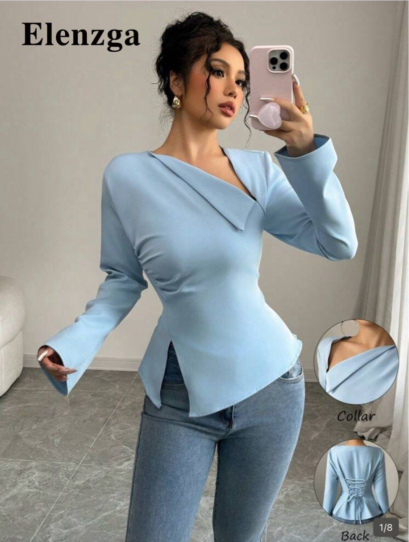 Elenzga Blue Long Sleeve Top (Category: Blouses) located in Manila. Submitted by naomis_room (Listing ID 1436963269, Image 2). Description: - Elenzga blue long-sleeved top - Asymmetrical neckline - Cinched waist - Lace-up back for adjustable fit - Flared sleeves - Perfect for a chic look - FITS S-M, super elegant.